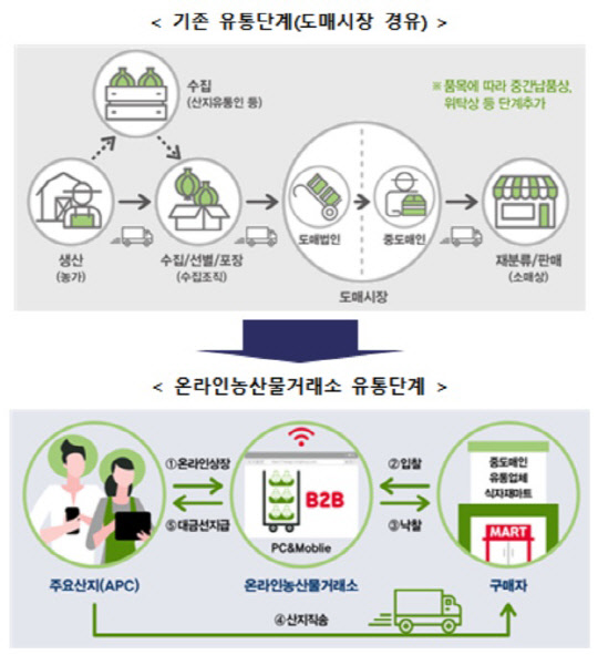 농림축산식품부는 농협과 함께 온라인으로 농산물을 도매 유통하는 시스템인 '온라인 농산물 거래소'를 시범 운영한다고 26일 밝혔다. 사진은 온라인 농산물 거래소 유통단계 개념도. 자료=농식품부